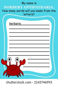 Words within a word game for kids with little cartoon crab vector illustration