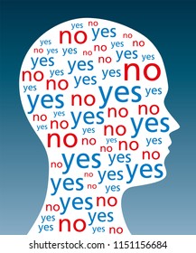 The words YES and NO written in a silhouette of a head. A symbol for indecision and decision weakness. The word yes in blue and no in red color. Also sign for conscience conflict. Illustration. Vector