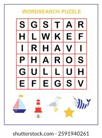 Wordsearch puzzle game. Collection of educational lessons. Game for children.