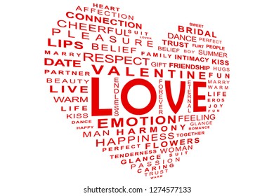 Word/tag cloud, word collage vector illustration about love, and Valentine Day concept. A 3d perspective heart shape composed of red words on white background. For greeting card, cool backgrounds.