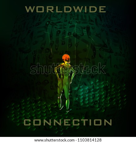 Wordwide connection. Global control. Banner. Puppet.
