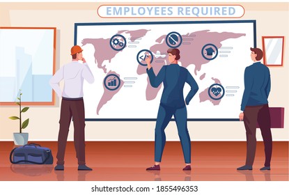 Work abroad composition with indoor office scenery packed things and occupational specialists looking at world map vector illustration