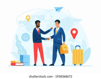 Work abroad concept flat vector illustration. Human resources agency. Male cartoon character employer welcomes new foreign worker. International recruiting. Expat work. Job for migrants