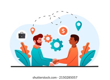 Work abroad concept. International recruitment or work for migrants. Human resources employee greets new foreign colleague, shakes his hand and smiles. Cartoon contemporary flat vector illustration