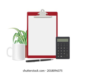 Work accessories. Accounting report, filing tax return. Calculations, banking and financial. Blank paper pen and mug, office work vector concept