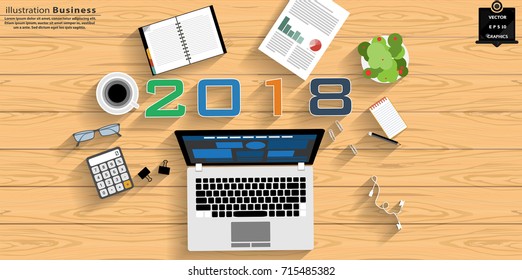  Work Accessories and  Laptop -  Label 2018 text  -  modern Idea and Concept Vector illustration Business Infographic template with Wood background.