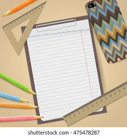 Work accessories on table. clipboard pencil line and mobile phone.