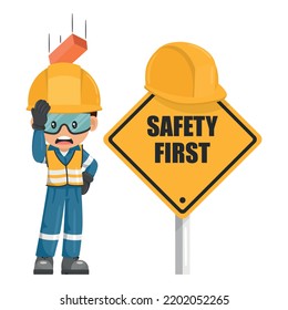 Work accident of brick falling on the head of industrial worker. Engineer with his personal protective equipment. Safety first sign. Industrial safety and occupational health at work