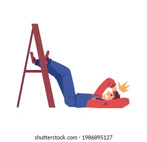 Work accident - cartoon man fallen from ladder and badly hurt. Construction worker in uniform without helmet lying on the floor - flat isolated vector illustration.