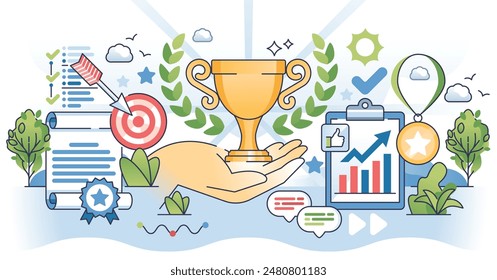 Work achievements with successful accomplishments outline hands concept. Business success with precise work accuracy vector illustration. Motivation, determination and leadership for best results.