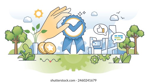 Work achievements and successful business job appraisal outline hands concept. Success badge for financial profit and victory vector illustration. Corporate competition and challenge trophy winner.