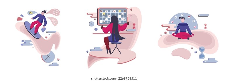 Work activity and efficiency, performance expectation 2d vector graphic. Guy surfing among tasks and goals flat art. Girl fixing great schedule, person finding balance in time isolated color set