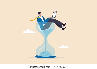 Work against deadline, time counting down to finish project, efficiency to spend time to complete work within timeline concept, busy businessman working with laptop inside hourglass count down timer.