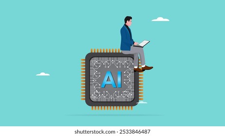 trabajo con IA, adaptación de inteligencia artificial, tecnología de IA que ayuda o Asistencia el trabajo de éxito, hombre de negocios inteligente que trabaja mientras está sentado en el chip de IA