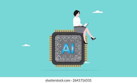 work with AI, artificial intelligence adaption, AI technology helping or support success work, smart business woman working while sitting on AI chip