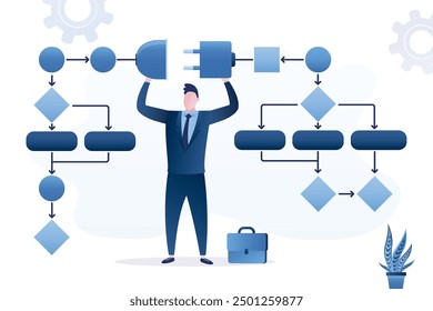 Algoritmo de trabajo. empresario sostiene enchufes y conecta el proceso de diagrama de flujo de trabajo. Analista con pensamiento estructural, búsqueda de conexiones, esquema de diagrama de flujo de construcción, sistema, lógica. Ilustración vectorial