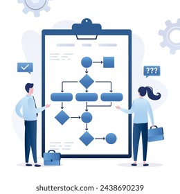 Work algorithm. businesspeople drawing workflow diagram process. Business process or model, flowchart to get result, map or plan for business procedure, solution. Strategy to implement. flat vector