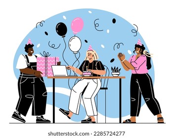 Work anniversary concept. Man and woman congratulate colleague, give gift box. Balls and confetti, holiday and festival. Design element for greeting postcard. Cartoon flat vector illustration