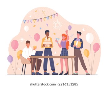 Work anniversary concept. Men and women celebrating. Happy characters with cake and confetti. Corporate holiday, festival and event. Poster or banner for website. Cartoon flat vector illustration