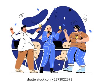 Work anniversary concept. Men and women with glasses of alcoholic drinks, wine or champagne. Holiday and festival, party and event. People celebrate with drinks. Cartoon flat vector illustration