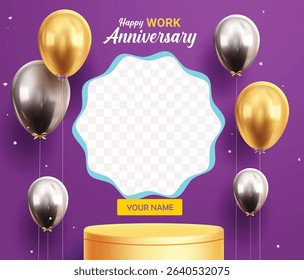 Work anniversary podium clipart design. Happy work anniversary greeting clip art with stage,  platform, balloons elements and blank template in purple background vector illustration. 
