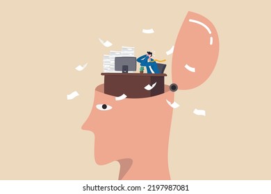 Work anxiety, stress or burnout, exhausted job or overload tired, job fatigue from overworked, depression and mental health concept, overwhelmed frustrated businessman working hard on his busy head.