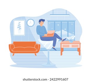 Work anywhere anytime. Businessman relax working remotely with computer laptop in cocktail glass at night. flat vector modern illustration 