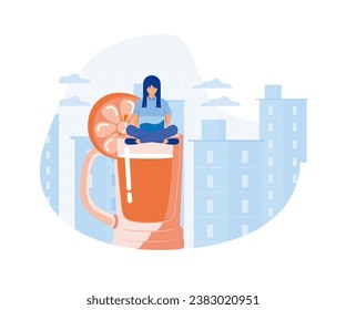 Work anywhere anytime, hybrid work or flexible hour for employee choice to choose where and when to work, relax working remotely with computer laptop in cocktail glass, flat vector modern illustration
