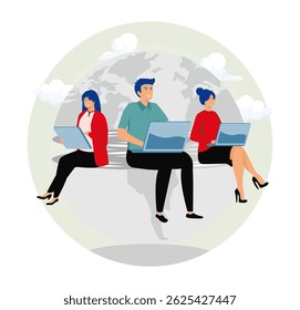 Work from anywhere around the world concept. Business people sitting around world map on globe working with online laptop. 