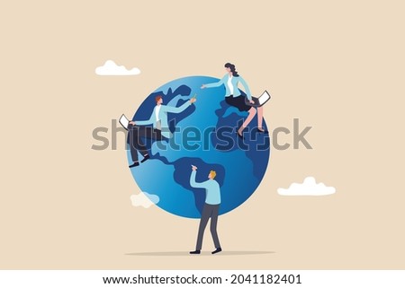 Work from anywhere around the world, remote working or freelance, international company or global business concept, business people sitting around world map on globe working with online computer.