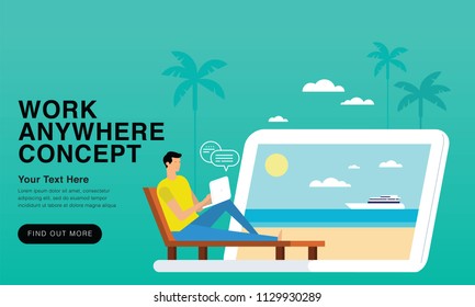 work anywhere Concept 2018 - New Trends And Modern Minimalism Style With Colour Transition. Can Use For Web, Landing Page, Infographics, Editorial, Commercial Use And Others. Vector.