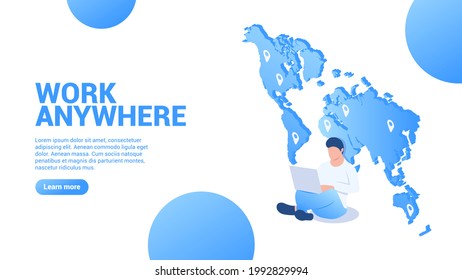 Work anywhere. Concept of distance job, freelance, work from home. Man with laptop on the background of the world map. Vector illustration in isometric style. Isolated on white background.