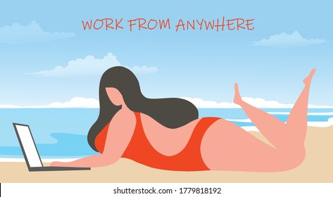 El concepto de trabajo desde cualquier lugar, además de las mujeres de tamaño grande que trabajan en laptop en vacaciones en la playa.  Fondo de la ilustración del vector.