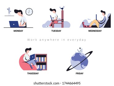 Work anywhere in everyday. Work on Monday to Friday Concept work at home illustration.