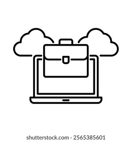 Work from Anywhere icon. 
Laptop and briefcase with clouds. Simple outline style. Vector. Isolate on white background.