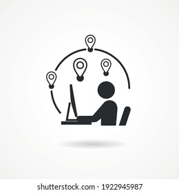 Work Anywhere Icon. Man With Laptop And Globe Behind. Concept Of Remote Working And Lifestyle Digital Anywhere.-Vector