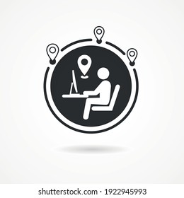 Work anywhere icon. Man with laptop and globe behind. Concept of remote working and lifestyle digital anywhere.-Vector