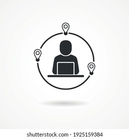 Work anywhere icon. Man with laptop and globe behind. Concept of remote working and lifestyle digital anywhere.-Vector