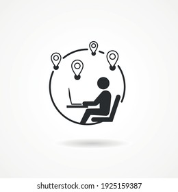 Work Anywhere Icon. Man With Laptop And Globe Behind. Concept Of Remote Working And Lifestyle Digital Anywhere.-Vector