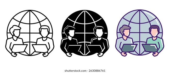 Work from Anywhere icon represented by worker, globe Line, Filled, Color style.