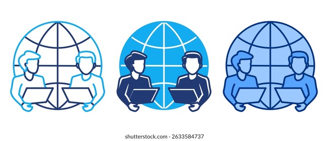 Icono de trabajo desde cualquier lugar representado por el trabajador, globo azul, dualino, estilo Dualtone.
