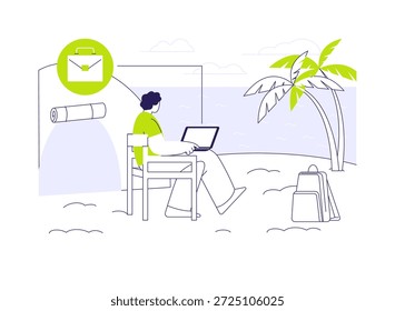 Trabalhe em qualquer lugar com ilustrações isoladas de desenhos animados vetoriais. Homem com laptop trabalhando no exterior, trabalho remoto, estilo de vida de freelancers, nômade digital, amante da natureza, diga não ao desenho animado de vetor de edifício de escritórios.