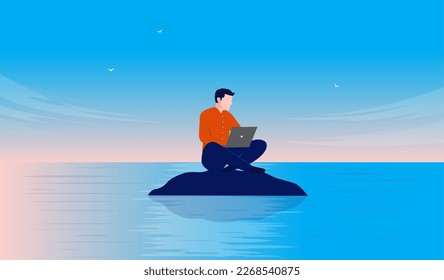 Work from anywhere - Man working remotely on laptop computer far away in peace and quiet on deserted island. Working alone concept, flat design vector illustration