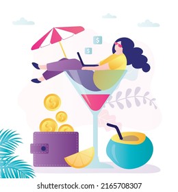 Work from anywhere. Remote work, freelancer sits in large cocktail glass, coconut and wallet with money nearby. Profit, earnings from freelancing. Internet technology, online job. Vector illustration 
