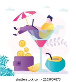 Work from anywhere. Remote work, freelancer sits in large cocktail glass, coconut and wallet with money nearby. Profit, earnings from freelancing. Internet technology, online job. Vector illustration 