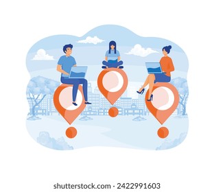 Work from anywhere. Young adult man and woman working on map location pin using computer laptop. flat vector modern illustration 