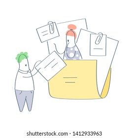 Work with applications, requests, customer service and execution of orders. Cartoon character submits an application to the reception desk of service center, library etc. Flat outline cartoon vector