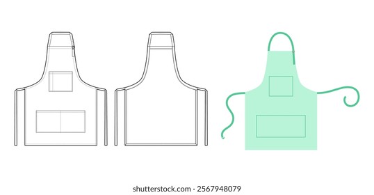 Work Aprons technical fashion illustration. Chef uniform for cooking mint cartoon Flat sketch outline apparel template front, back view. Women, men unisex CAD mockup isolated on white background