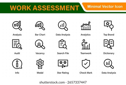 Arbeitsbewertungssymbole. Mit Audit-Dokumenten, Gewinn- und Verlustrechnungen, Budgetprüfungen, Konformitätsprüfungen und Dashboards für die Buchhaltung.