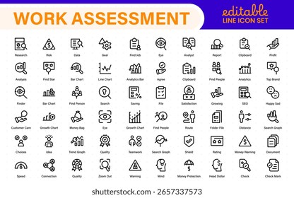 Iconos de evaluación de trabajo. Incluye documentos de auditoría, estados de pérdidas y ganancias, revisiones presupuestarias, comprobaciones de cumplimiento y paneles contables.